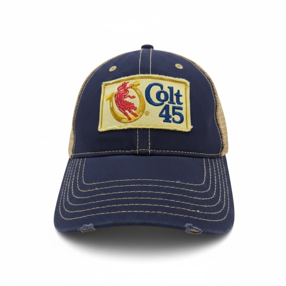 Bioworld Colt 45 Malt Liquor Trucker Hat Navy Blue Tan Mesh Snapback Hat